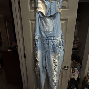 American Bazi Blue Distressed Denim Overalls